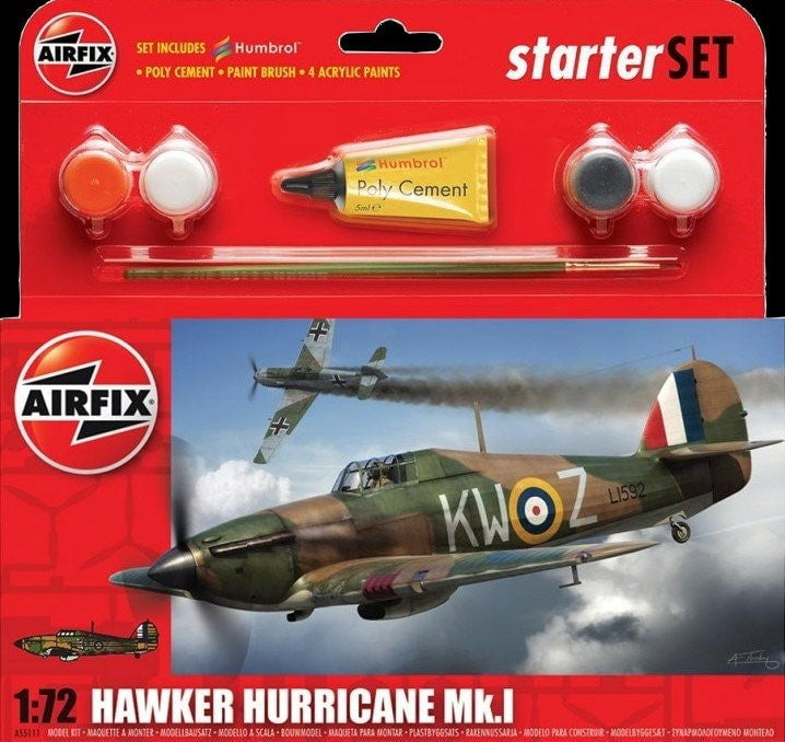 Airfix MODEL AIRPLANES Airfix 1/72 Hawker Hurricane Mk I Fighter Small Starter Set w/Paint & Glue Kit