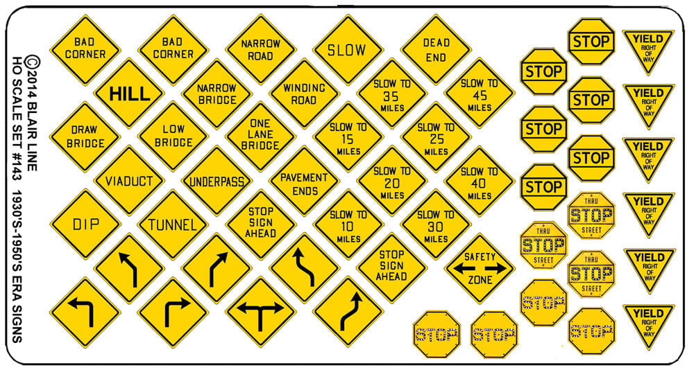Blair Line MODEL TRAINS Blair Line HO Highway Signs - Vintage Warning/Stop 1930s-1950s (Black, Yellow)