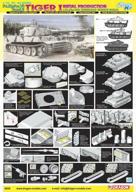 Dragon MILITARY MODELS Dragon 1/35 Pzkpfw VI Ausf E Tiger I sPzAbt502 Initial Production Tank Leningrad 1942-43 (3 in 1) Kit