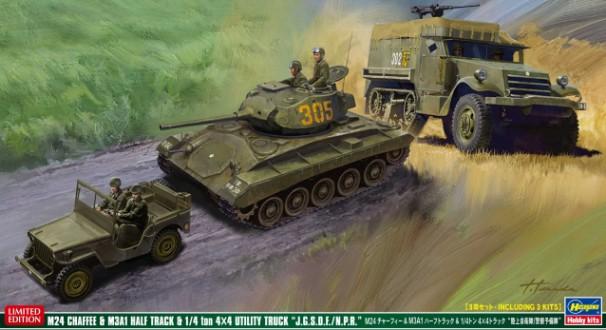 Hasegawa MILITARY MODEL Hasegawa 1/72 M24 Chaffee Tank, M3A1 Halftrack & 1/4-Ton 4x4 Utility Truck JGSDF/NPR Ltd Edition (3) Kits
