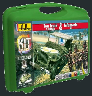 Heller MODEL MILITARY Heller 1/72 1/4-Ton Truck, Trailer & US Infantry w/Paint & Glue Kit