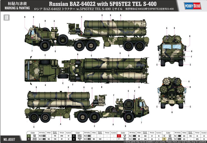 Hobby Boss MILITARY MODEL Hobby Boss 1/35 Russian BAZ-64022 w/5P85TE2 TEL S-400 Kit