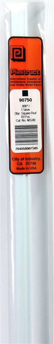 Plastruct Supplies Plastruct 90750 MS-60 Solid Styrene Square Rod, .060" (10)