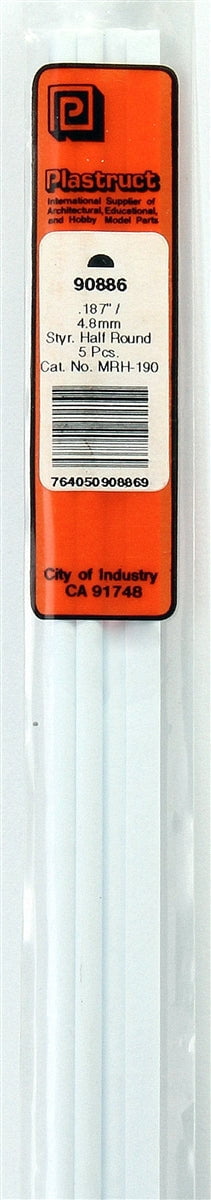Plastruct Supplies Plastruct 90886 MRH-190 Solid Styrene Half Round Rod, 3/16" (5)