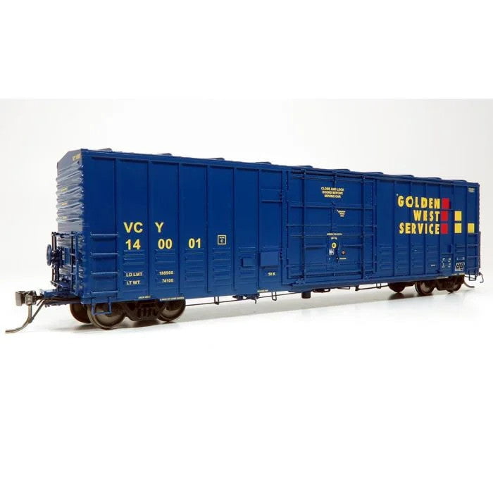 Rapido Rapido 137003-2 Golden West Service (Ventura County VCY, blue, yellow, red) #140002 Class B-100-40 Plug-Door Boxcar HO Scale