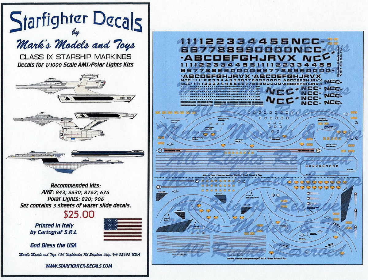 Starfighter Decals DECALS Starfighter Decals 1/1000 Star Trek Class IX Starships (Enterprise, Excelsior, Reliant) for AMT & PLL