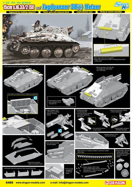 Dragon MILITARY MODEL Dragon 1/35 15cm sIG33/2(Sf) Jagdpanzer 38(t) Hetzer Tank Smart Kit