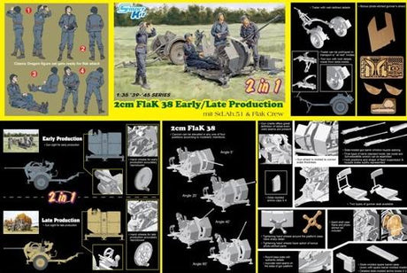 Dragon MILITARY MODEL Dragon 1/35 2cm FlaK 38 Early/Late Production mit Sd.Ah.51 and Crew (2 in 1) Kit