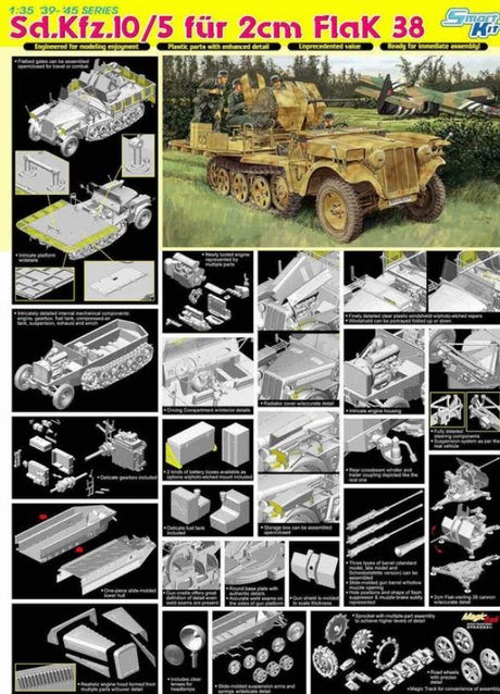 Dragon MILITARY MODEL Dragon 1/35 SdKfz 10/5 Light Halftrack w/2cm FlaK 38 Gun Kit