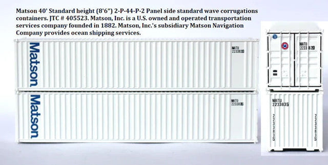 Jacksonville Terminal Company JTC MODEL TRAINS 405523 Matson 40' Standard Height 8'6 2-P-44-P-2 Panel side standard wave corrugations containers N Scale
