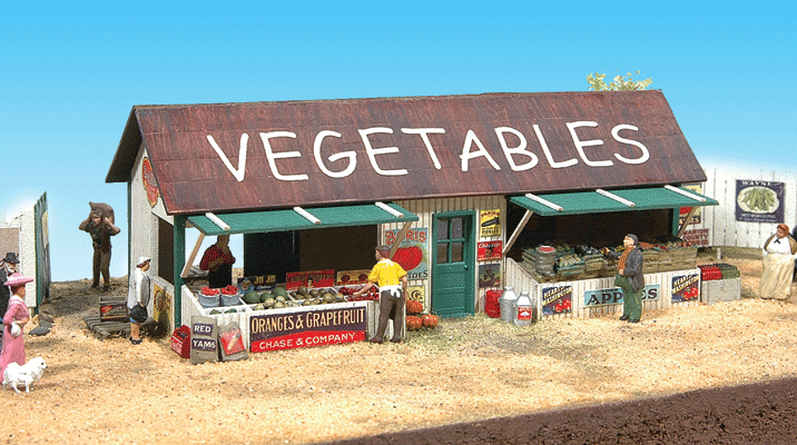 JL Innovative MODEL TRAINS JL Innovative Design HO Doobie Chase & Co. Fruits & Vegetables Stand Wooden Kit