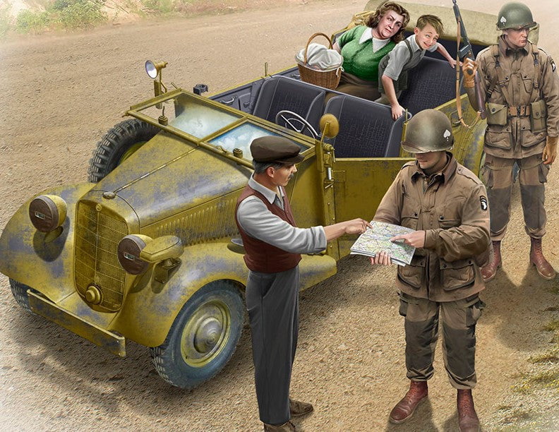 Master Box MILITARY MODEL Master Box Ltd 1/35 Hitching a Ride, German SdKfz 1 Type 170VK Car w/2 US Paratroopers, 3 Civilians Kit