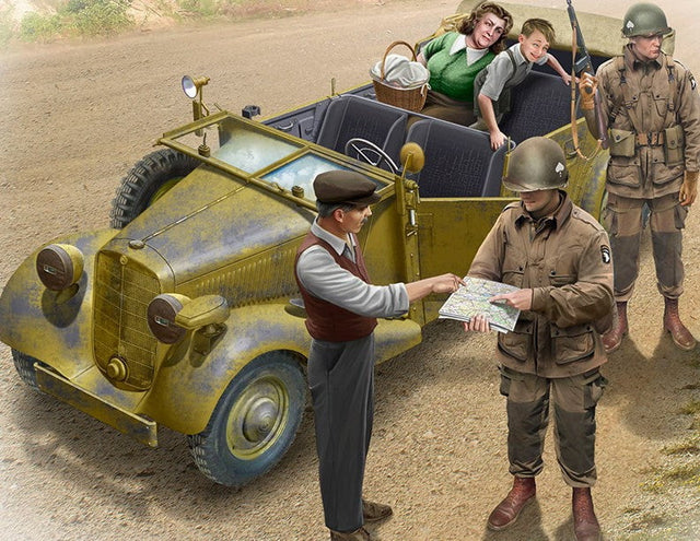 Master Box MILITARY MODEL Master Box Ltd 1/35 Hitching a Ride, German SdKfz 1 Type 170VK Car w/2 US Paratroopers, 3 Civilians Kit