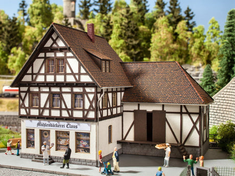 Noch MODEL TRAINS Noch HO Half-Timber Mill Bakery w/Motorized Water Wheel Laser-Cut Card Kit