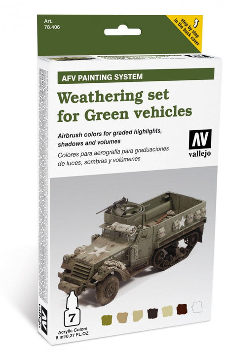 Vallejo PAINTS Vallejo Acrylic 8ml Bottle Green Vehicles AFV Weathering Set (7 Colors)