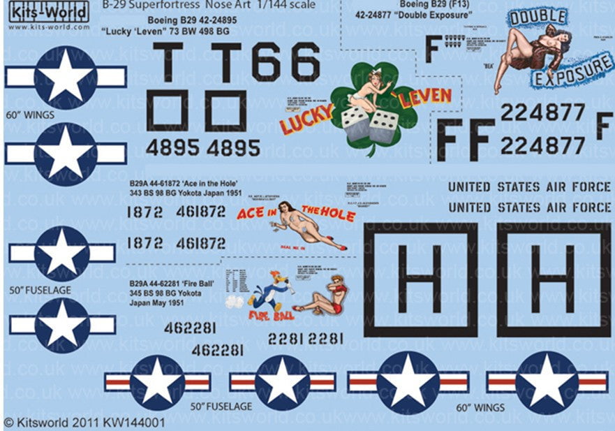Warbird Decals DECALS Warbird Decals 1/144 B29 Lucky Leven, Double Exposure, Ace in the Hole & Fire Ball Yokota Japan 1951