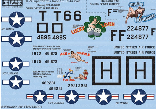 Warbird Decals DECALS Warbird Decals 1/144 B29 Lucky Leven, Double Exposure, Ace in the Hole & Fire Ball Yokota Japan 1951