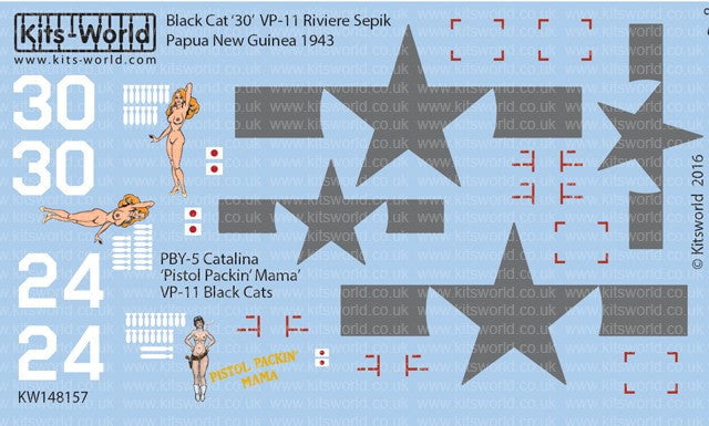 Warbird Decals DECALS Warbird Decals 1/48 PBY5 Catalina Black Cat 30 VP11 Riviere Sepik Papua New Guinea 1943, Pistol Packin Mama VP11 Black Cats